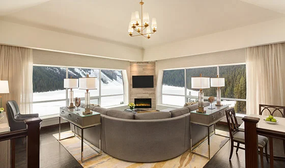 luxury resort showing room overlooking lake.